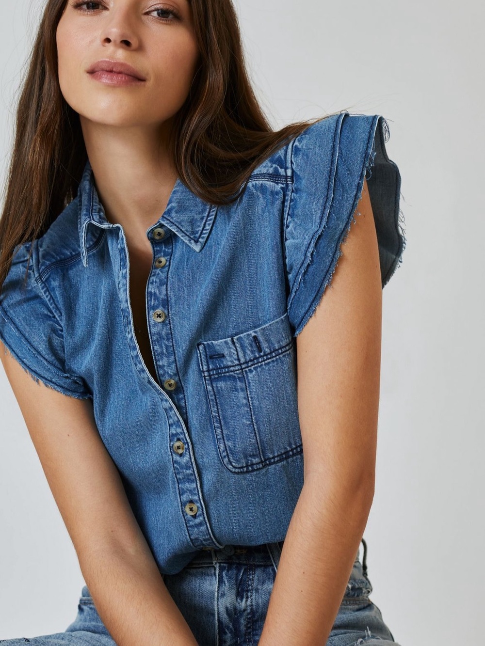 NWT Pilcro Anthropologie Denim Short Sleeve With Ruffles Top- XL